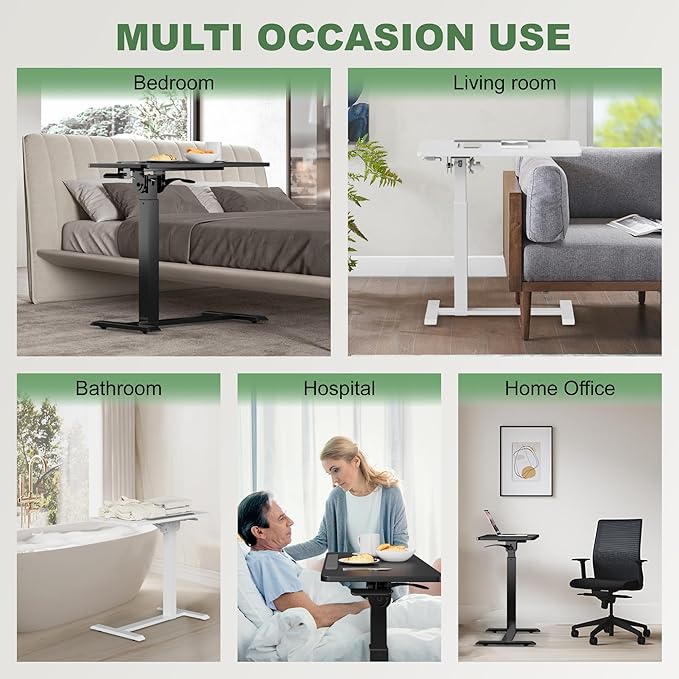 Adjustable Overbed Bedside Table - 90° Tiltable Mobile Standing Desk Portable Rolling Computer Cart Movable Desk for Laptop Bed Sofa Side Table Hospital Home Use(15.8" W x 31.5" D, Black)
