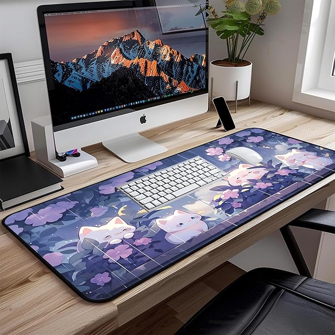 Cute Anime Office Desk Pad, White Cat Rain Keyboard and Mouse Pad XXL, Large Size Game Desk Mat, Purple Flower Laptop Desktop Pad, Women Kawaii Office Home Decoration Accessories 31.5"X15.7"
