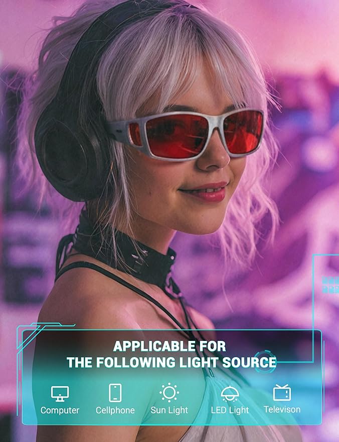 TIJN Sonia Red Sleep Glasses Orange Lens for Blue & Green Light Blocking,Dual AR Coating,Wraparound Frame for Gaming Screen