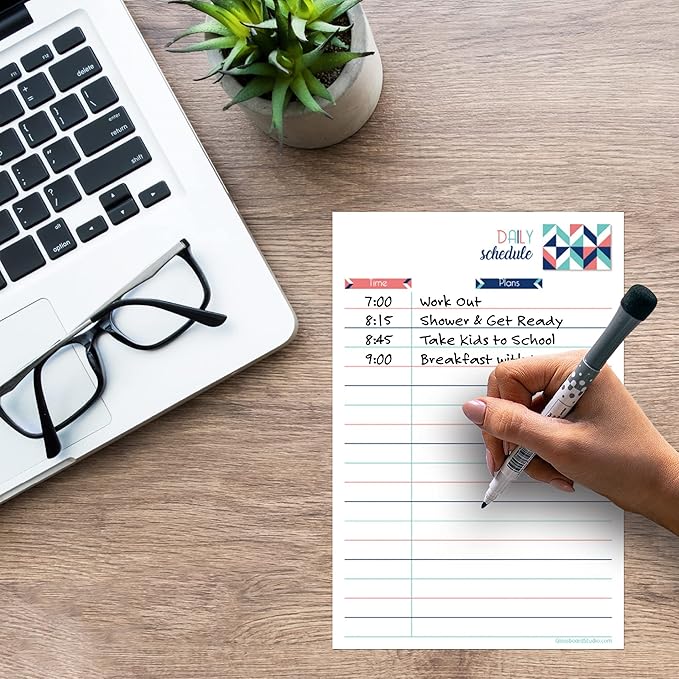 Dry Erase Daily Schedule Planner Sticker Decal by Glassboard Studio | Removable & Reusable | Magnetic Fine-Tip Marker Included (6 x 9 inches, Geometric)