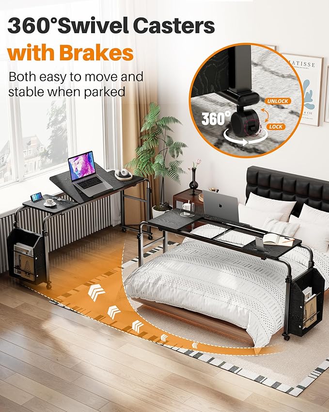 Laptop Desk for Bed,6-Angle Adjustable Overbed Table with Wheels,Adjustable Height and Length Bed Table for Laptop with Side Bookshelf,Standing Desk,Over Bed Desk for Working Hospital Home (Black)