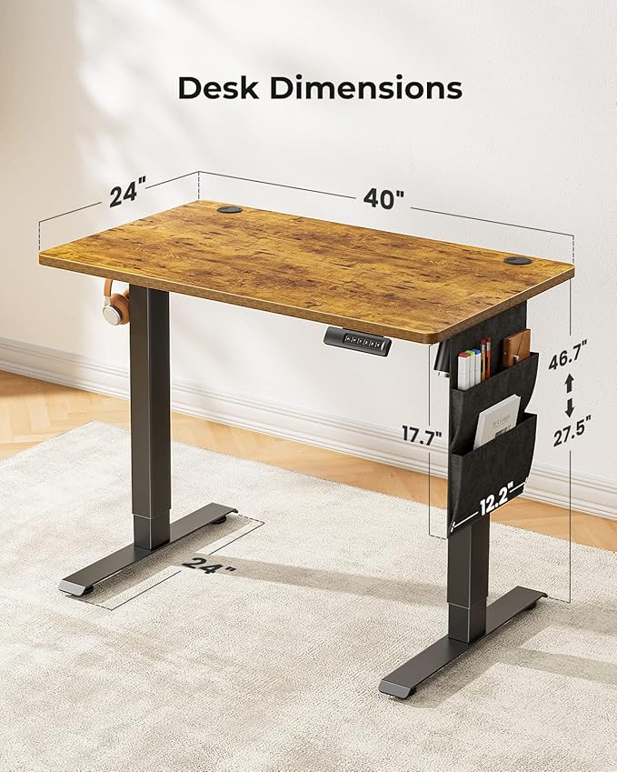 Marsail Electric Standing Desk, 40x24 Inch Adjustable Height Home Office Gaming Desk with 4 Memory Presets, Storage Bag, Stand-Up Desk for Computer Workstations. Headphone Hook,Cable Organizer