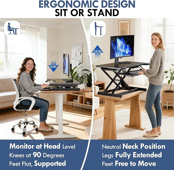 32" Electric Standing Desk Converter, Height Adjustable Sit to Stand Up Desk Riser with Large Keyboard Tray, Dual Monitor and Laptop Motorized Desktop Workstation for Home & Office, Black