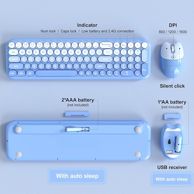 Wireless Keyboard and Mouse Combo, Portable Retro Keyboard with Compact Size, 2 in 1 USB Connected Mouse for Windows 7/8/10, Laptop, Desktop, PC, Computer (Blue)