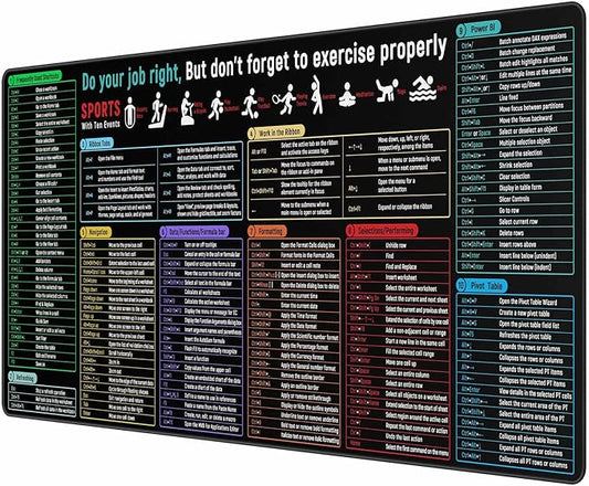 JIALONG Excel Shortcuts Large Gaming Mouse Pad Extra XXL 35.4x15.75 inches Thick Extended Excel Formulas Cheat Sheet Desk Pad Computer Keyboard Mat for MacBook, PC, Laptop, Office Home
