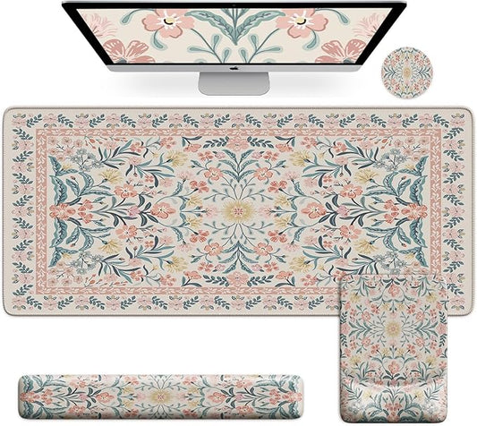 iCasso Mouse Pad with Wrist Rest,Large Desk Mat Set,Ergonomic Keyboard Pad with Wrist Support,Non-Slip Mouse Mat for Women,Cute Floral Computer Mat for Home Office Gaming (Pink)