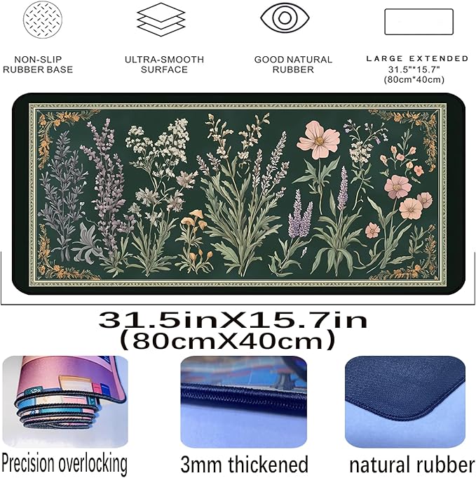 Deep Green Retro Desk Pad, Plant Flower Mouse Pad XXL, Large Gaming Mouse Mat, Laptop Pad, Desktop Protective Pad, Computer Mats with Stitched Edges, Women Office Desk Accessory 31.5"X15.7"