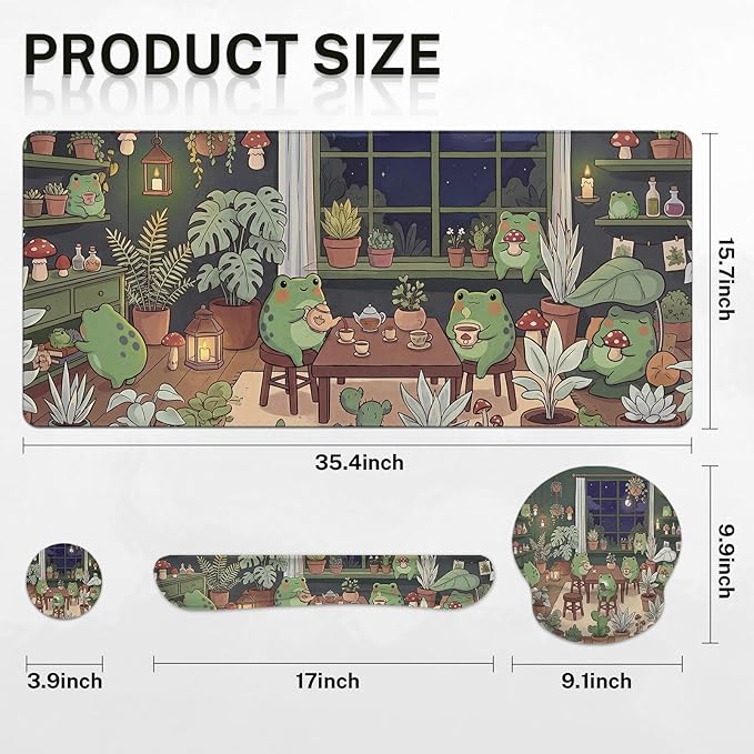Arttown Cute Frog Desk Mat Plant Cartoon Mouse Pad Set 4 in 1 Ergonomic Design Large Mouse Pad + Keyboard Wrist Rest + Mouse Wrist Rest + Coaster Suitable for Home Office Study Game