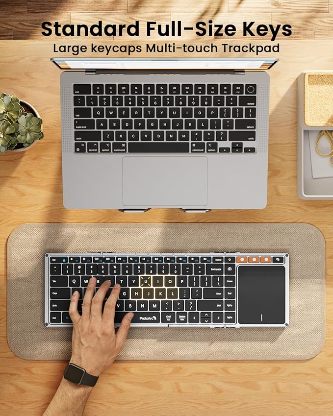 ProtoArc Foldable Keyboard with Touchpad, XK01 TP Folding Portable Keyboard, Full Size Keys, Large Trackpad Bluetooth Travel Keyboards for Laptop PC Tablet - Black Silver