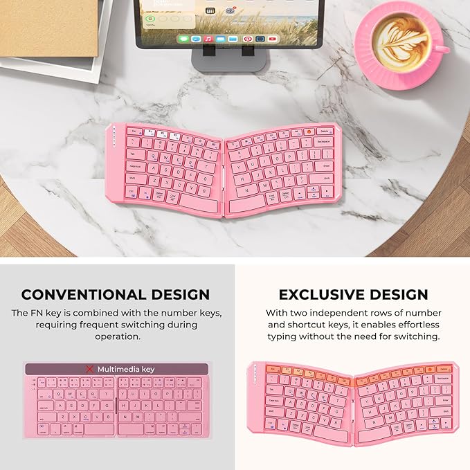 MEETION Ergonomic Foldable Bluetooth Keyboard, Split Compact Portable Keyboard for Business Travel, Ultra-Thin Folding Rechargeable Wireless Keyboards for iOS Android Windows Mac Tablet PC, Pink