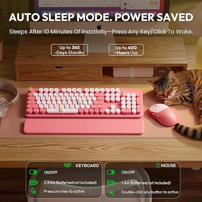 Wireless Keyboard and Mouse Combo, Typewriter Keyboard with Magnetic Wrist Rest, Full-Size Cute Round Keycaps, Sleep Mode, 2.4G Keyboards for Mac/Windows/PC, Office or Home, Trueque CK23Pro