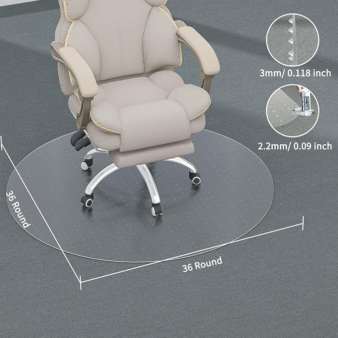 Office Chair Mat for Carpet, 36" Round Clear and Thick Carpet Chair Mats with Non-Slip Studded for Home and Office Low Pile Carpets - Not for Hardwood Floor