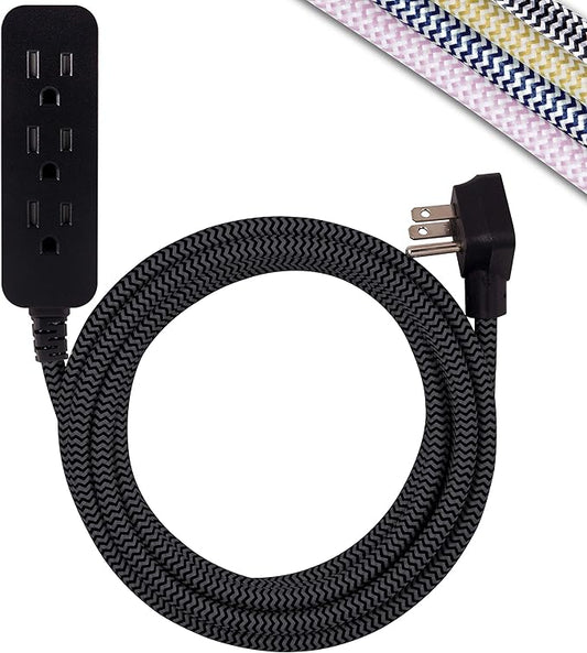 Cordinate 3 Outlet Power Strip Indoor Extension Cord 16 Gauge 10 Ft 3 Prong Braided Extension Cords Flat Extension Cord ETL Listed Black 42024