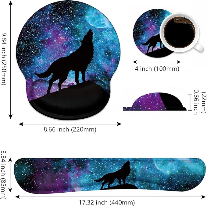 Keyboard Wrist Rest and Mouse Wrist Rest Pad Set with Coasters, Ergonomic Support, Non-Slip PU Base, Easy Typing and Relieve Wrist Pain, Perfect for Home Office Working Studying, Galaxy Nebula Wolf