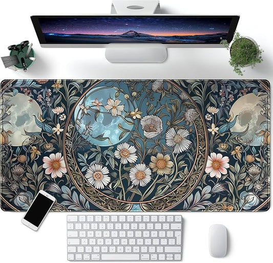 Tarot Triple Moon Desk Mat Retro Aesthetic Desk Pad Daisy Vintage Floral Extended Mouse Pad Large Gaming Mousepad XXL Laptop Computer Mouse Keyboard Mat 31.5 x 15.7 in for Office Desk Decor