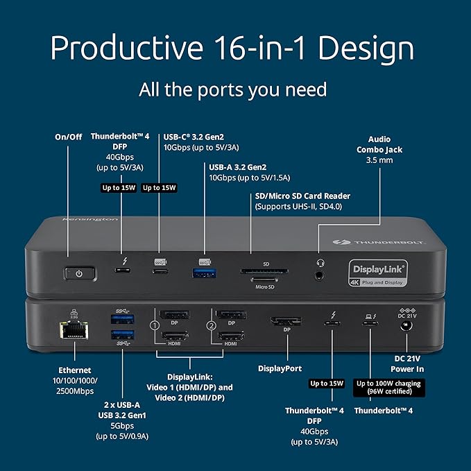 Kensington SD5910T DisplayLink Docking Station Thunderbolt 4, Quad 4K for MacBook Pro/Air M1/M2/M3/M4 with Pro and Max Chipsets, 100W PD, HDMI/DP/TB4, SD/Micro SD Card Slots (K35233NA), Black