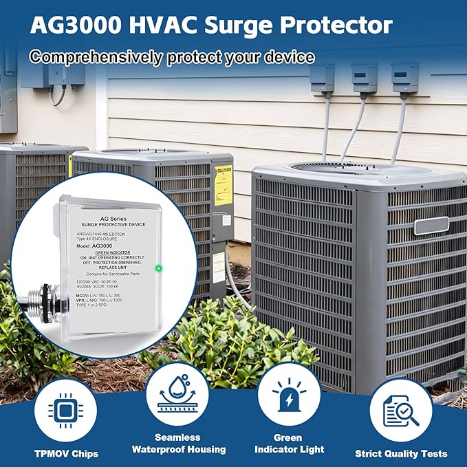AG3000 HVAC Surge Protector 120/240V, 3-Mode Mini Split Surge Protective Device with TPMOV Technology, Type 4X Watertight Enclosure Lightning & Surge Protection for AC, Furnace, HVAC Equipment