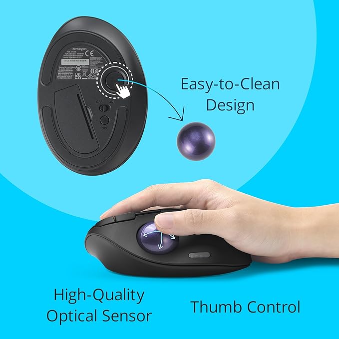 Kensington TB450A Wireless Trackball Mouse, Bluetooth LE & 2.4GHz Connection, 4 DPI Options, Connect up to 3 Devices (K72178WW), Black-Purple