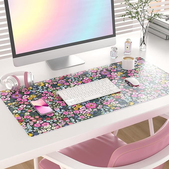 Colorful Star Large Mouse Pad, Floral Desk Mat Office Supplies, Waterproof Faux Leather Big Gaming Mousepad for Women Girls, Blooming Flowers Desk Pad Home Office Décor Accessories 31.5" x 15.7"