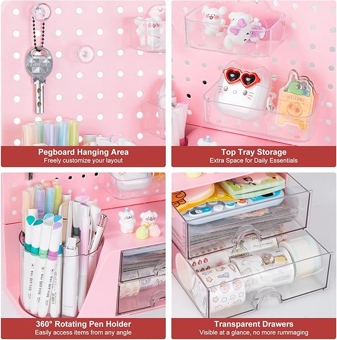 Comix Desk Organizer with 2 Drawer, Multifunctional Pen Holder for Desk, Desktop Organizer with Pegboard + Drawer + 5 Slots Pencil Holder for Office Home Art Supplies (Pink)