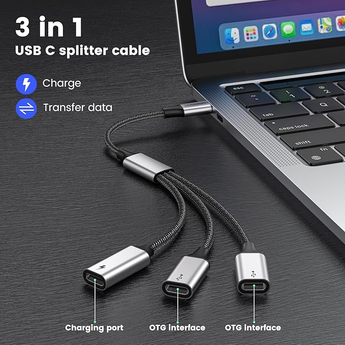 MOGOOD USB C Splitter, 3-Port USB C Y-Cable, 1 Male to 3 Female, 60W PD Charging Pass-Through & Data Transfer – for Steam Deck, iPad Pro, Samsung Galaxy, Laptop – Expand USB-C Ports