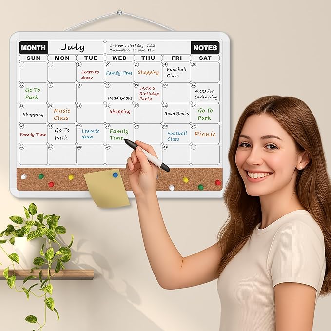Monthly Calendar Dry Erase Board 16x12 Inch, Double-Sided Whiteboard and Corkboard Combo, Plastic Frame Wall Mounted Planner Organizer with Markers, Magnets, Push Pins, Eraser, for Home Office School