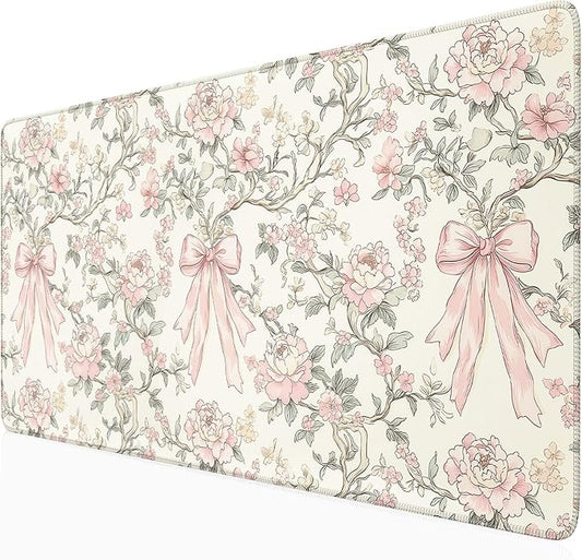 Floral Desk Mat Vintage Chinoiserie Large Mouse Pad Coquette Aesthetic Office Decor Flower Pink Bow Gaming Pad Cottagecore Desk Decor 31.5x15.7 in