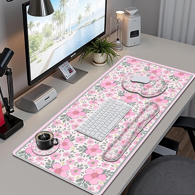 Floral Desk Mat, 4in1 Large Mouse Pad with Wrist Rest, Cute Desk Matt for Desktop, Deskpad Mat, Anti-Slip XXL Computer Ergonomic Mousepad with Wrist Support for Keyboard and Mouse I Pink Flowers
