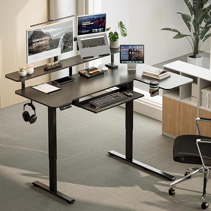 59 Inch L Shaped Standing Desk with Shelves and Keyboard, Electric Corner Standing Desk Adjustable Height, Sit Stand Computer Table with Reversiable Splice Board,Black Carbon Top