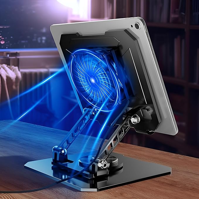 Silver Laptop Cooling Stand with Turbo Fan, Adjustable Height & Angle, 360° Rotating Aluminum Notebook Riser for Up to 15.6” Laptops & Tablets (Best for 13” Lightweight Devices)