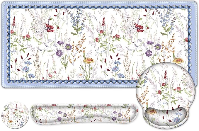 Floral Desk Mat, 4in1 Large Mouse Pad with Wrist Rest, Cute Desk Mat, Anti-Slip XXL Computer Ergonomic Mousepad with Wrist Support for Keyboard and Mouse, Colorful Weeds