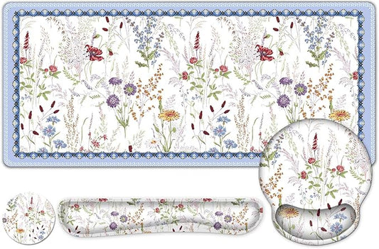 Floral Desk Mat, 4in1 Large Mouse Pad with Wrist Rest, Cute Desk Mat, Anti-Slip XXL Computer Ergonomic Mousepad with Wrist Support for Keyboard and Mouse, Colorful Weeds