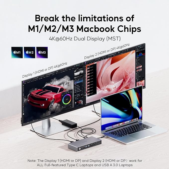 Displaylink Docking Station, USB C Docking Station Dual Displays for MacBook M1/M2/M3/M4 Windows, 4K@60Hz Displaylink Dock with 2 HDMI, 2 Display Port, 2USB C Data, 6 USBA, Ethernet, Audio