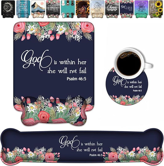 Wrist Rest Support Ergonomic Gel Mouse Pad & Memory Foam Keyboard Set, Non-Slip Rubber PU Base for Home Office Working Studying Easy Typing & Pain Relief - Bible Verses Psalm 46:5