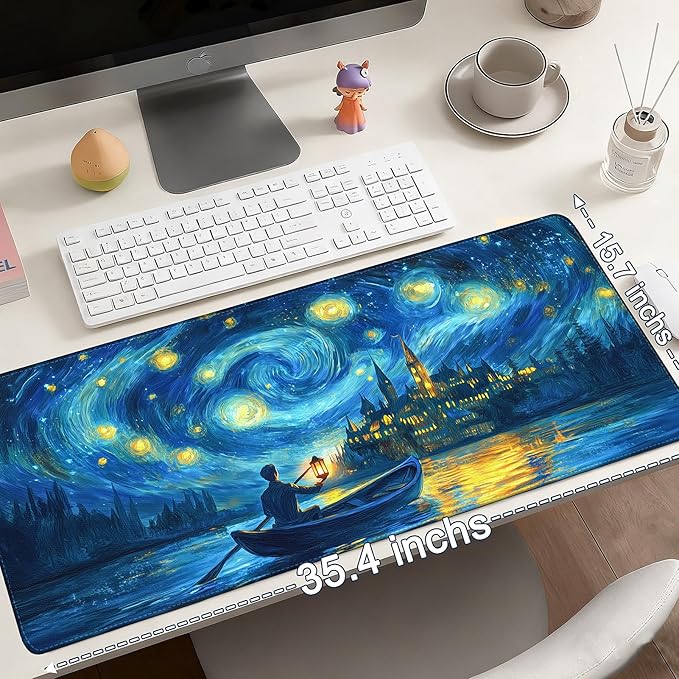 Mouse Pad Gaming - Desk Mat for Keyboard and Mouse - Van Gogh Starry Night Large Mouse Pads for Desk, Desks Pad Mat(35.4" X 15.7") with Non-Slip Base, Gaming Mousepad for Game, Office and Home