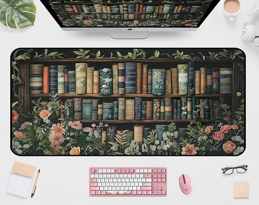 Flower Book Desk Mat, Colorful Mousepad XXL, Large Vintage Game Pad, Computer Keyboard Mouse Pad, with Stitched Edges, Non-Slip Rubber Base Deskpad, Women Home Office Accessories 31.5"X15.7"