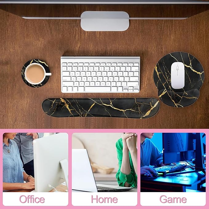 Golden Black Flowing Marble Mouse Pad with Wrist Rest and Keyboard Wrist Rest Set, Non-Slip Rubber Base Memory Foam Mouse Pad Set for Women, Office Desk Accessories, Gaming