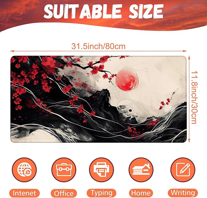 Desk Pad, Black Red Ink Painting Desk Mat, Cherry Blossom Trees Sun Waves Large Gaming Mouse Pad, 31.5"x15.7" Extended Big Computer Mouse Pad with Non-Slip Base and Stitched Edge