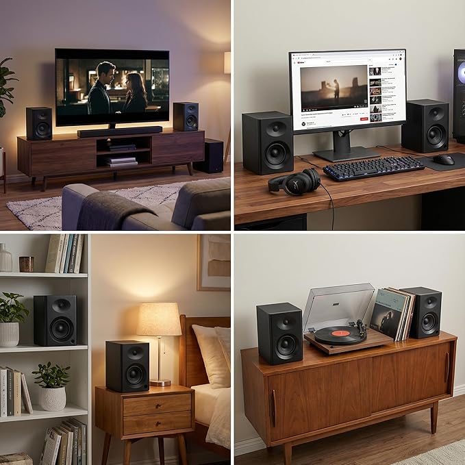 Computer Speakers for Desktop PC - 60W Bluetooth Stereo Sound with Bass, Active Powered Speakers for Home Audio, Monitor, Laptop, Gaming & TV, (Black Pair)