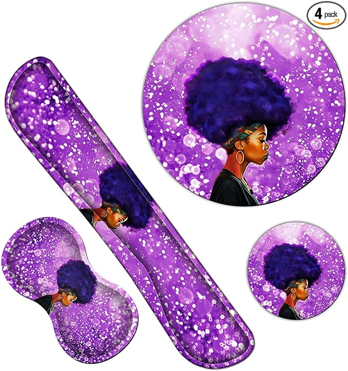 Ergonomic Keyboard Wrist Rests Gel Memory Foam Mouse Pad with Round Mousepad + Coasters, Wrist Support Set with Non Slip Base for Gaming Office Laptop Easy Typing & Pain Relief, Purple African Girl