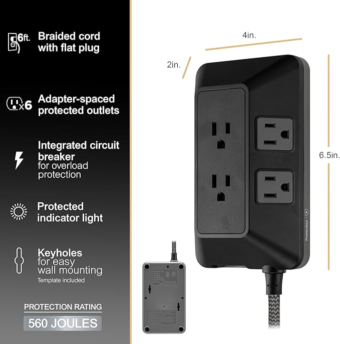 GE 6-Outlet Surge Protector, 6 Ft Braided Extension Cord Power Strip, Flat Plug, Adapter Spaced, Multi Plug Outlet Extender, for Home, School, and Office, 560J, Black - 70614