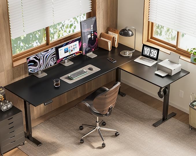 OffiGo 71 Inch Reversible L Shaped Electric Standing Desk, Height Adjustable Corner Stand up Desk, Ergonomic Large Lift Computer Table for Home, Office, Workstation, Black