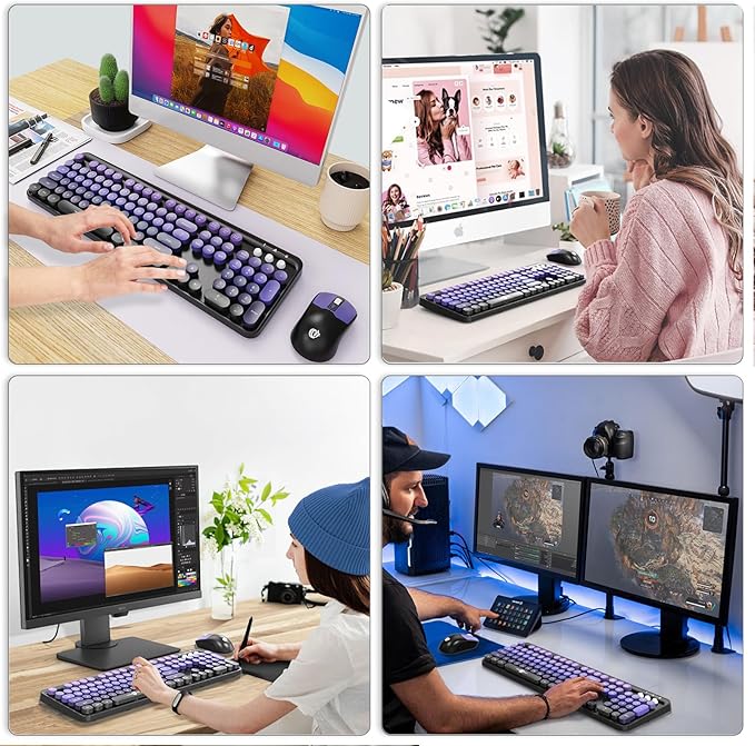 Wireless Keyboard and Mouse Combo, 104 Round Keys Cute Colorful Keyboard and Mouse with Retro Typewriter for PC/Mac/Laptop/Tablet/Computer/Windows Black Purple