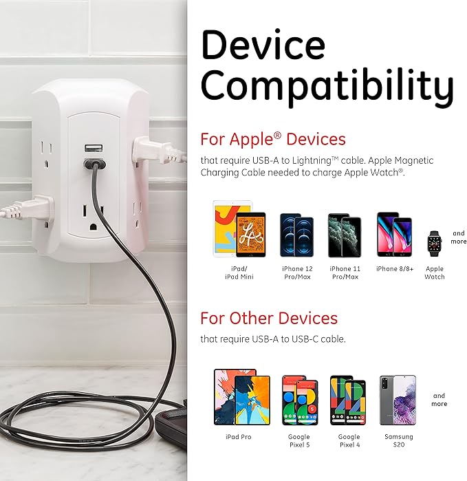 GE 5-Outlet 2-USB Surge Protector Outlet Adapter, 560 Joules, Fast Charging Station, 12W USB-A Ports, Side Access, Compatible with Apple iPhone, iPad, Samsung Galaxy, Google Pixel, White, 58297