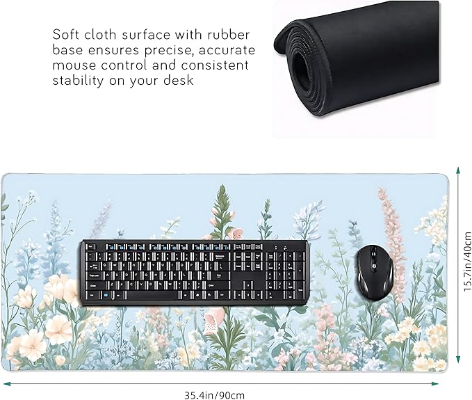 Cute Floral Aesthetic Wildflower Gaming Mouse Pad, Sky Blue Macaron Desk Mat with Anti-Slip Base & Stitched Edges, Computer Keyboard & Laptop Pad, 35.4" x 15.7" in in Workstation Accessories