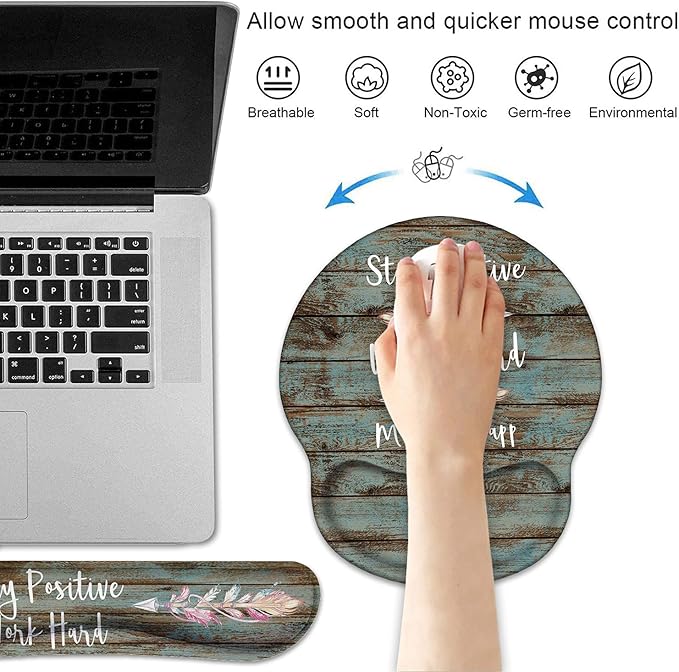 Keyboard Wrist Rest and Mouse Pad Wrist Rest Support Set with Coasters, Stay Positive Work Hard and Make It Happen Inspirational Quote Non-Slip PU Base, Perfect for Home Office Working Studying