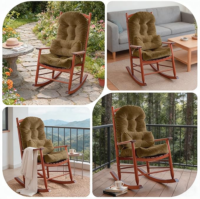 Rocking Chair Cushion Indoor Large Chair Pads Set with Ties Extra Lumbar Pillow Premium Dutch Velvet High Resilience Filler Non-Slip Bottom, Khaki