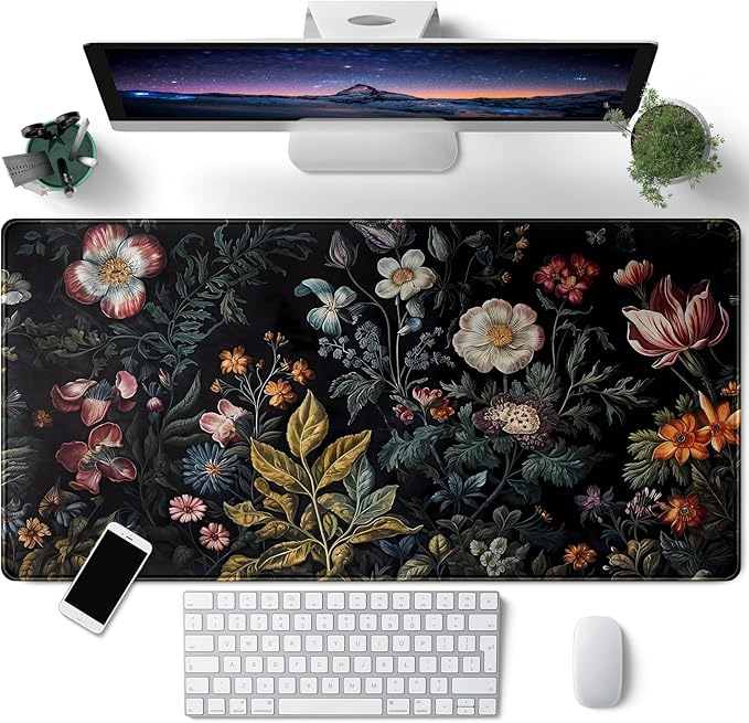 Floral Desk Mat Dark Vintage Aesthetic Desk Pad Flower Plant Black Extended Mouse Pad Large Gaming Mousepad XXL Laptop Computer Mouse Keyboard Mat 31.5 x 15.7 in for Office Desk Decor