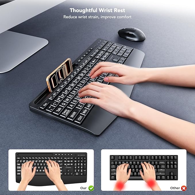 KYSONA Large Print Wireless Keyboard, Full Size Cordless Computer Keyboard with Phone Holder, Palm Rest, Ergonomic Tilt Angle, 2.4G Plug-and-Play, Compatible with Tablet/Windows/Laptop/PC, Black