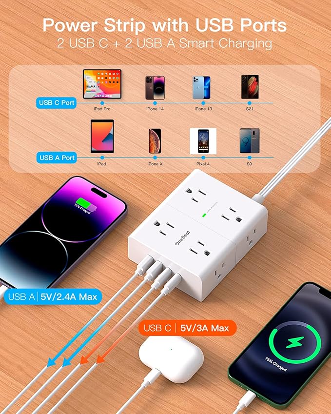 6Ft Extension Cord with Multiple Outlets, Flat Plug Surge Protector Power Strip 6 Ft Long Cord, 8 Outlets & 4 USB Ports (2 USB C), Desk Charging Station for Home Office, College Dorm Room Essentials